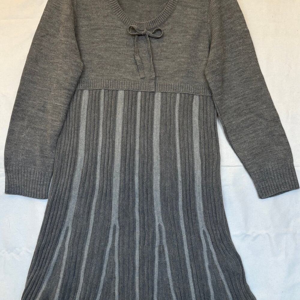 Venus Gray Pleated Ribbed Empire Waist Sweater Dress With Bow Accent XL